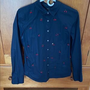 J. Crew Navy Blue Cherry Embroidered Women's Shirt. Size 10.